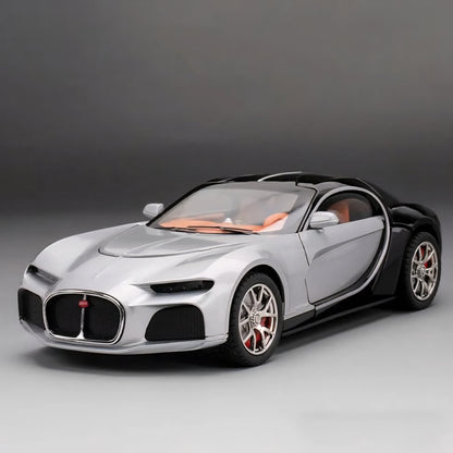 Bugatti Atlantic Diecast Model Car Alloy Metal Pull Back Die-Cast Car Pullback Toy with Openable Doors Light and Music Gift Toys for Kids - Silver/Black