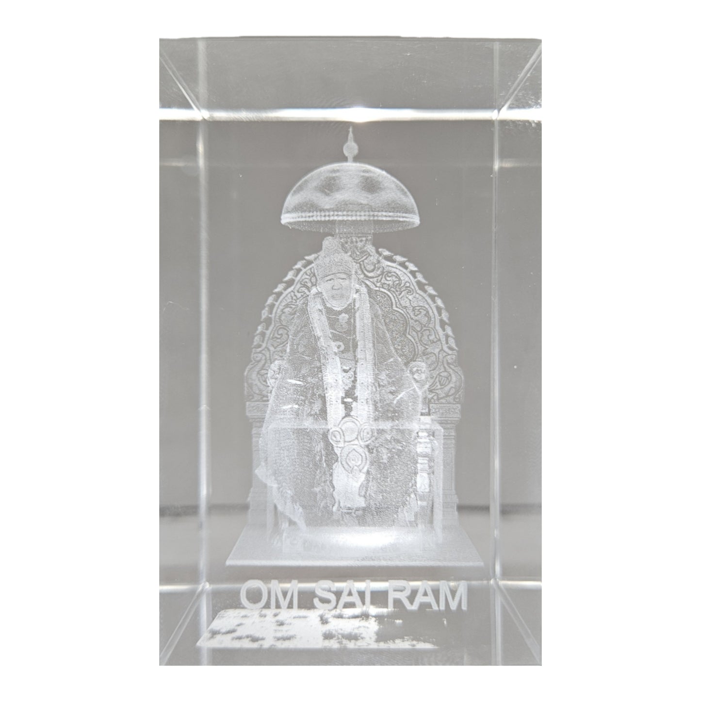 3D laser-engraved crystal cube featuring Sai Baba Showpiece Figurine