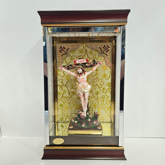 24 carat gold Plated Jesus on cross Statue Decorated with stones in a transparent protective cabin