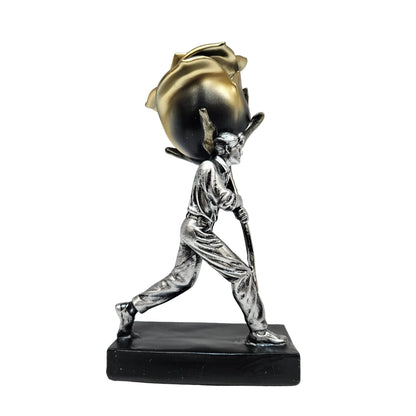 Metallic polyresin figurine depicts a male figure in mid-stride carrying an oversized golden-and-black rose over his shoulder, symbolizing labor, love, or determination