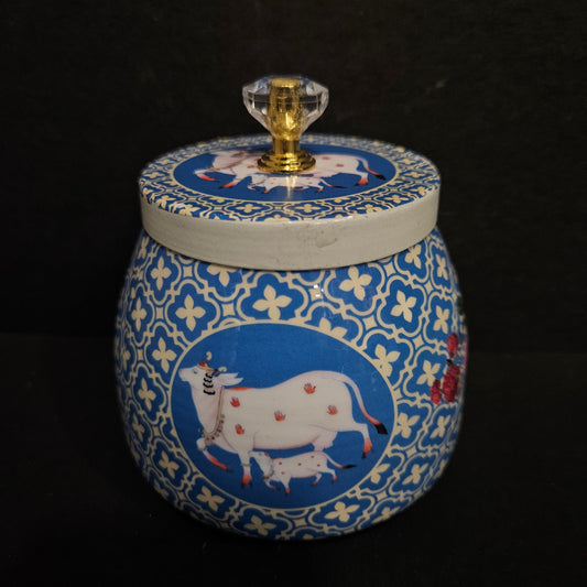 Round Shape Metal Gifting Storage Container Pichwai Jar Box Storage Box