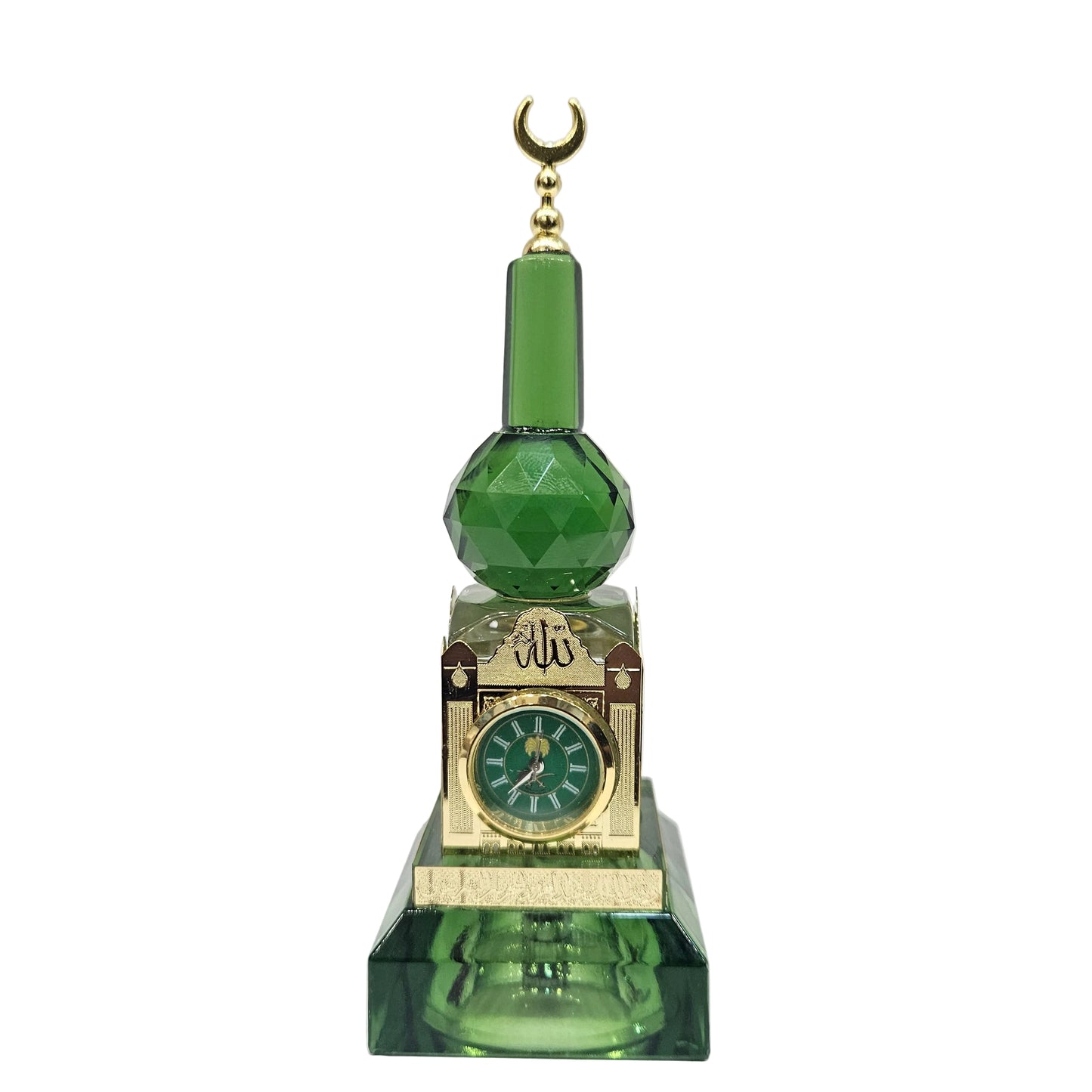 Islamic Crystal Showpiece with mini Clock & Crescent Moon Elegant Decorative Ornament Glass Moon Design Home Decor Gift for Living Room Office Prayer Space Tabletop
