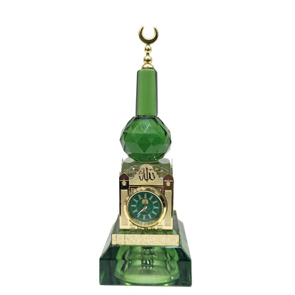 Islamic Crystal Showpiece with mini Clock & Crescent Moon Elegant Decorative Ornament Glass Moon Design Home Decor Gift for Living Room Office Prayer Space Tabletop