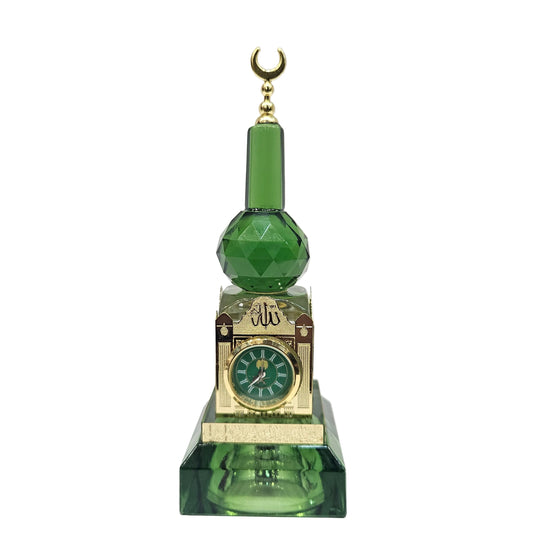 Islamic Crystal Showpiece with mini Clock & Crescent Moon Elegant Decorative Ornament Glass Moon Design Home Decor Gift for Living Room Office Prayer Space Tabletop