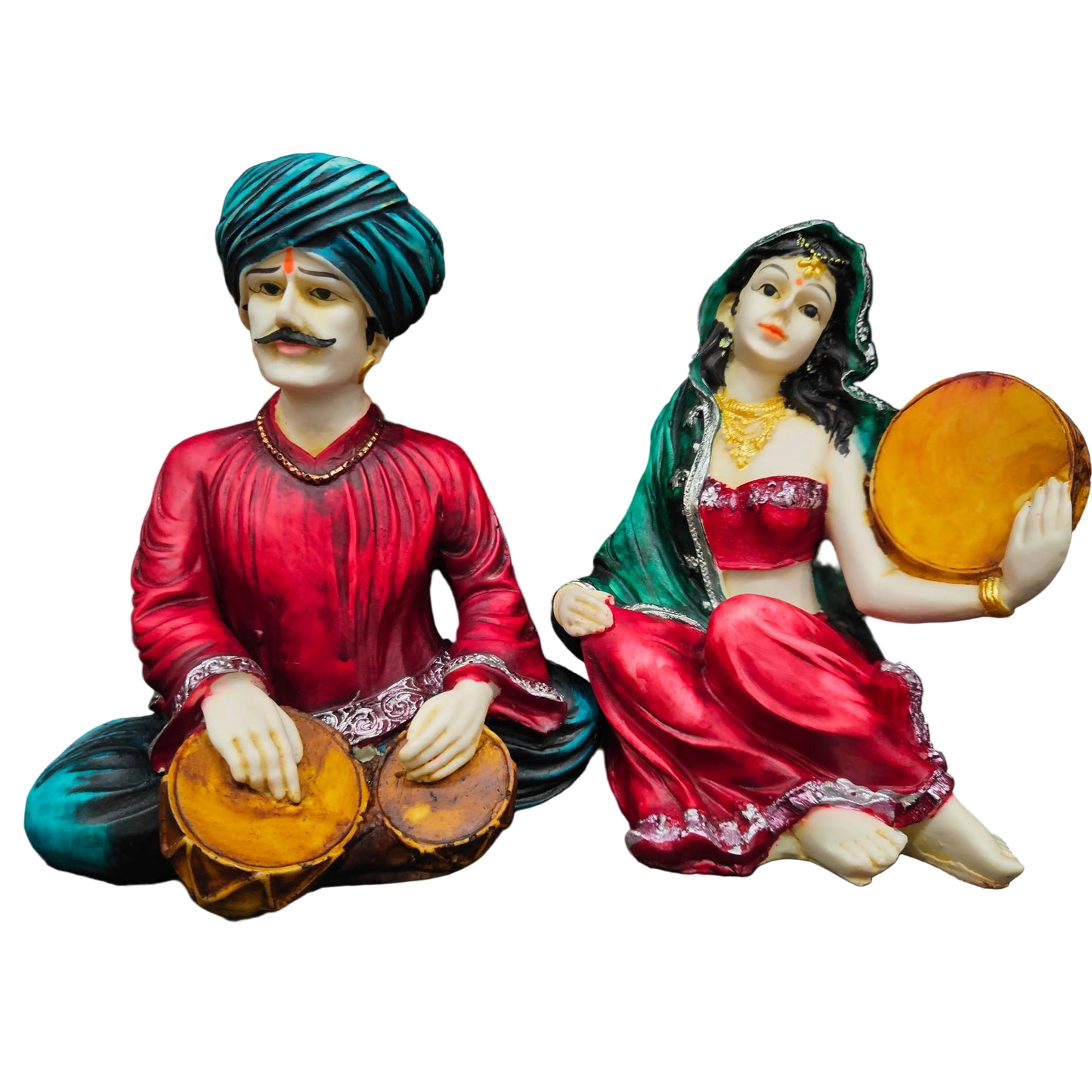 Rajasthani Showpiece figures 6pcs set Couple Man & Lady Playing Musical Instrument Home Decor Resin Traditional Village Decorative Showpiece Statue Living Room