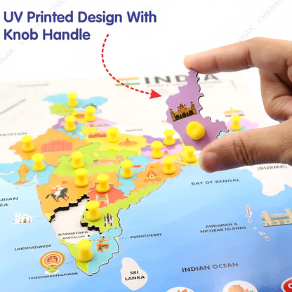 Wooden India Map Puzzle with Picture & States Name Educational Board for Kids, 18 Piece States Map Montessori Learning Puzzle for Toddlers & Preschoolers, Nursery & Kindergarten 2+ Years