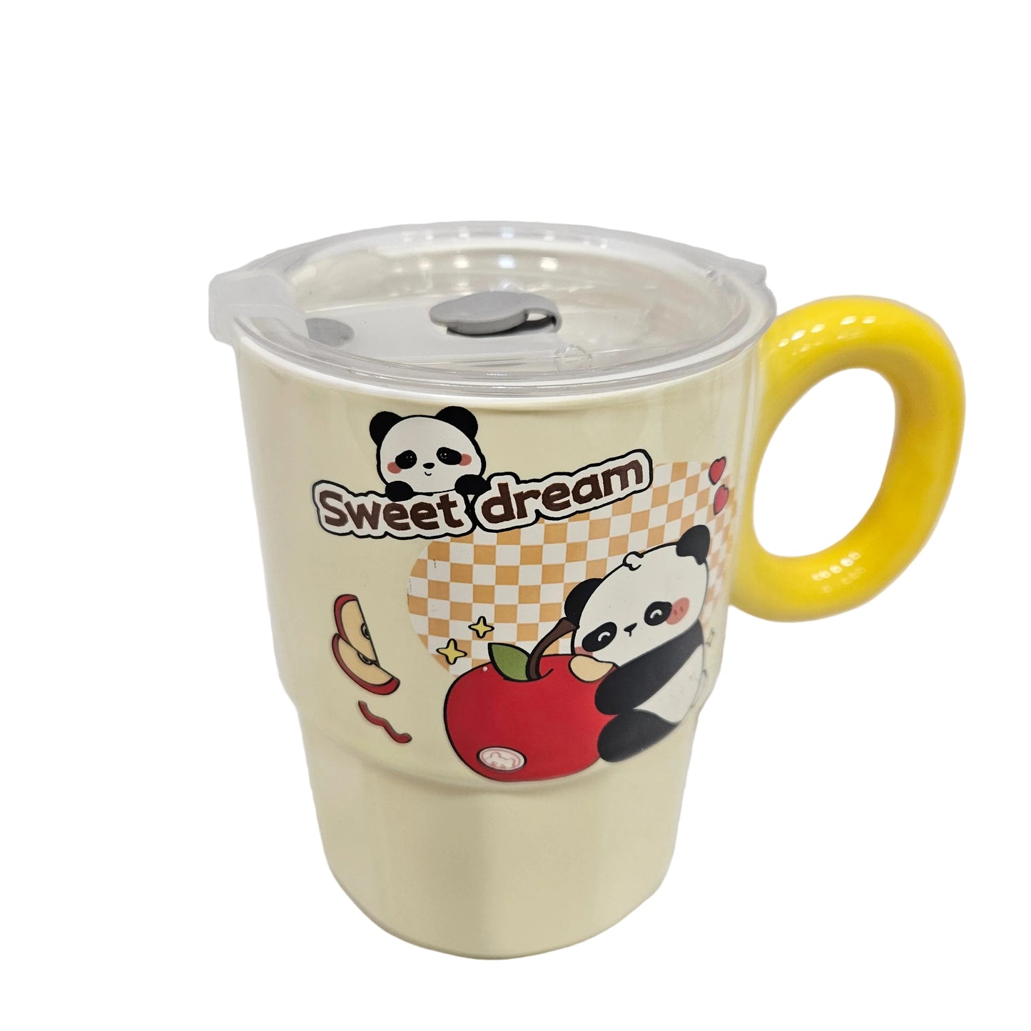 Panda printed Ceramic Airtight coffee mug with lid & Glass straw