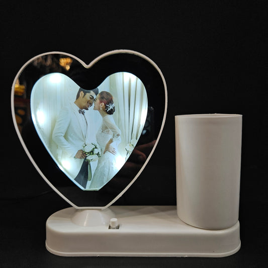 Magic Mirrors lighting Photo Frames with penstand Tabletop, for Gifting to Your Loved One, Birthday Gifts Heart Shape, Metallic White