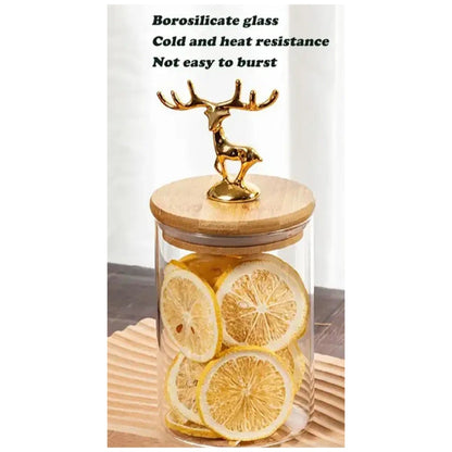 kitchen glass storage container airtight glass Jar sealed tank with metal elk deer top bamboo lid champagne Transparent