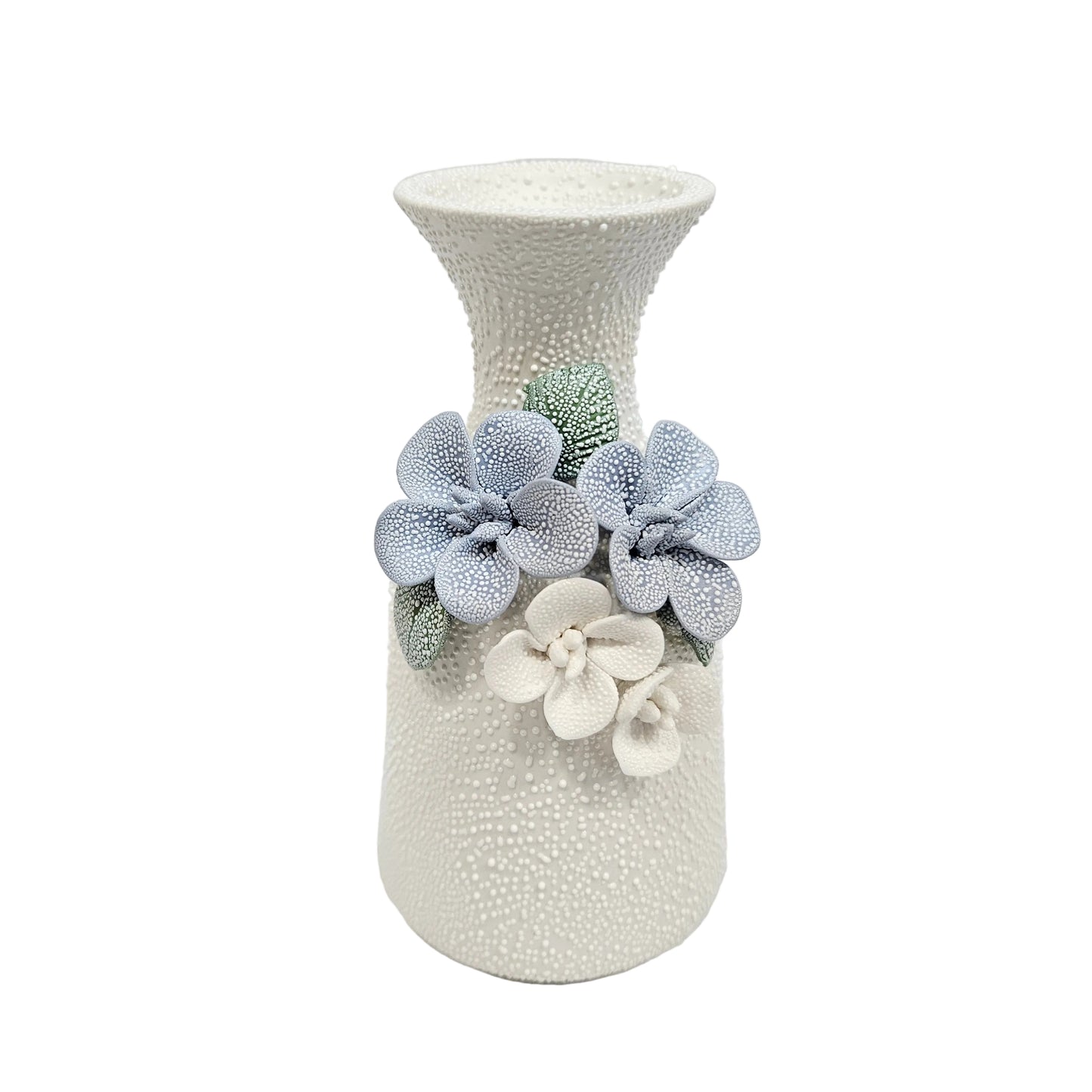 water droplets textured ceramic vase with light blue and white flowers vase