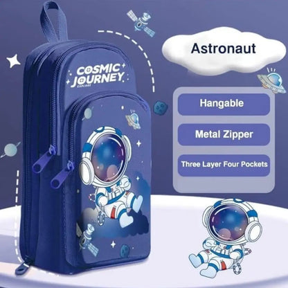Cosmic Journey Pencil Pouch, Navy Blue School Stationery Bag with Astronaut Design, Double Compartment (Blue Space)