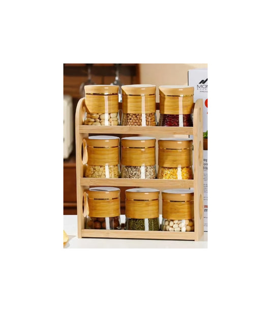Canister 9pcs set glass Storage jar set 1pc bamboo rack