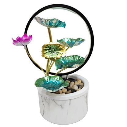 Metallic lotus leaf tabletop water fountain equipped with a built-in circular LED ring light