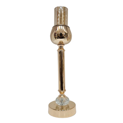 Gold-toned candle holders are featuring a polished finish and crystal accents
