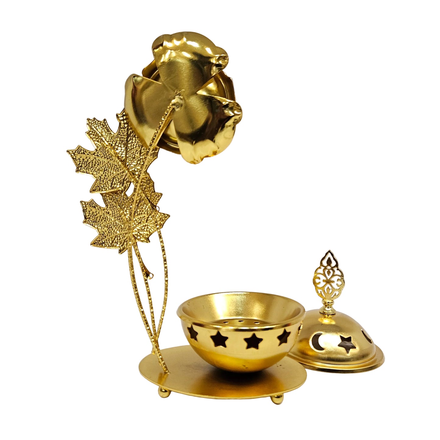 Decorative golden metal incense burner, likely used for burning loban or dhoop for pooja room/home & Office