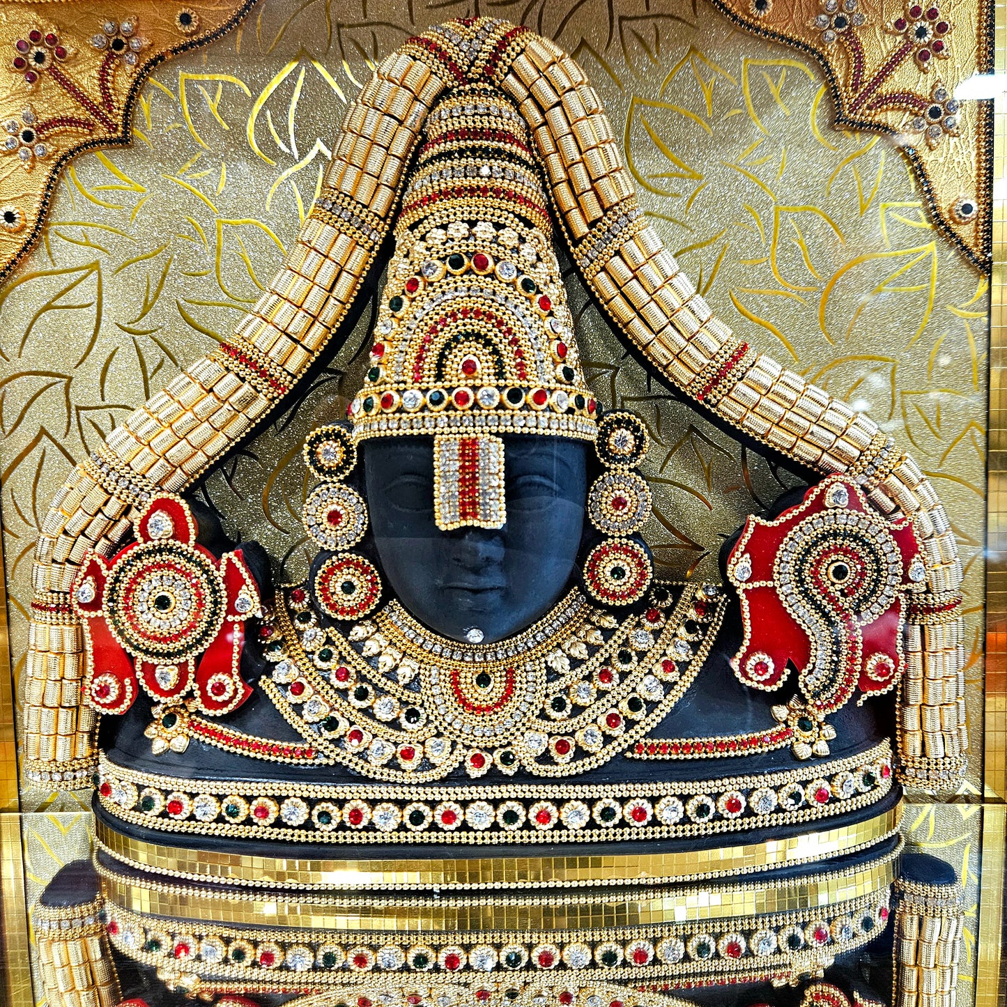 24carat gold Plated Balaji Statue idol Showpiece Decorated with attractive stones transparent protective cabin