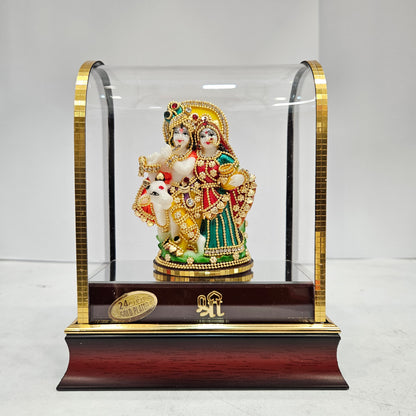 Radha Krishna with cow Idol 24 carat gold Plated Statue Showpiece in transparent cabin Box