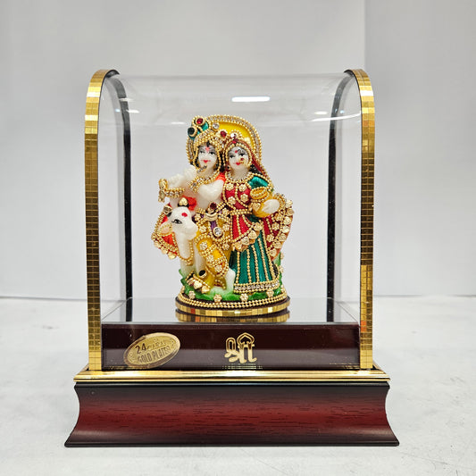 Radha Krishna with cow Idol 24 carat gold Plated Statue Showpiece in transparent cabin Box