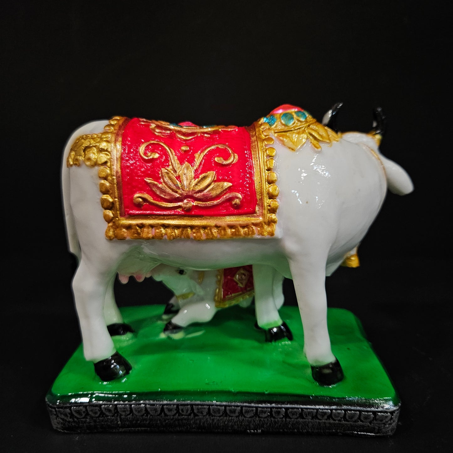 Cow & Calf red,gold & white Statue in Marble Dust, Cow Idol, Showpiece for Home Decor, Handmade Divine Cow, Mother Cow with Baby Calf, kamdhenu
