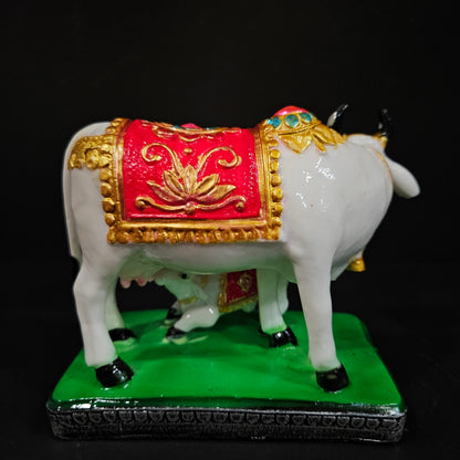 Cow & Calf red,gold & white Statue in Marble Dust, Cow Idol, Showpiece for Home Decor, Handmade Divine Cow, Mother Cow with Baby Calf, kamdhenu