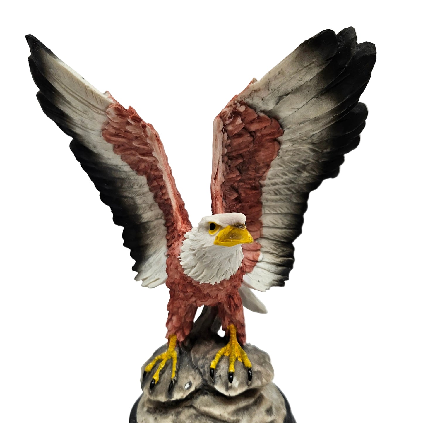 Eagle Sculpture with Red and Brown Feathers – Hand-Painted Ceramic Bald Eagle Figurine on Rock Base – Patriotic Wildlife Statue for Home, Office, Collectors and Gifts