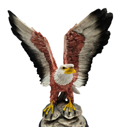 Eagle Sculpture with Red and Brown Feathers – Hand-Painted Ceramic Bald Eagle Figurine on Rock Base – Patriotic Wildlife Statue for Home, Office, Collectors and Gifts