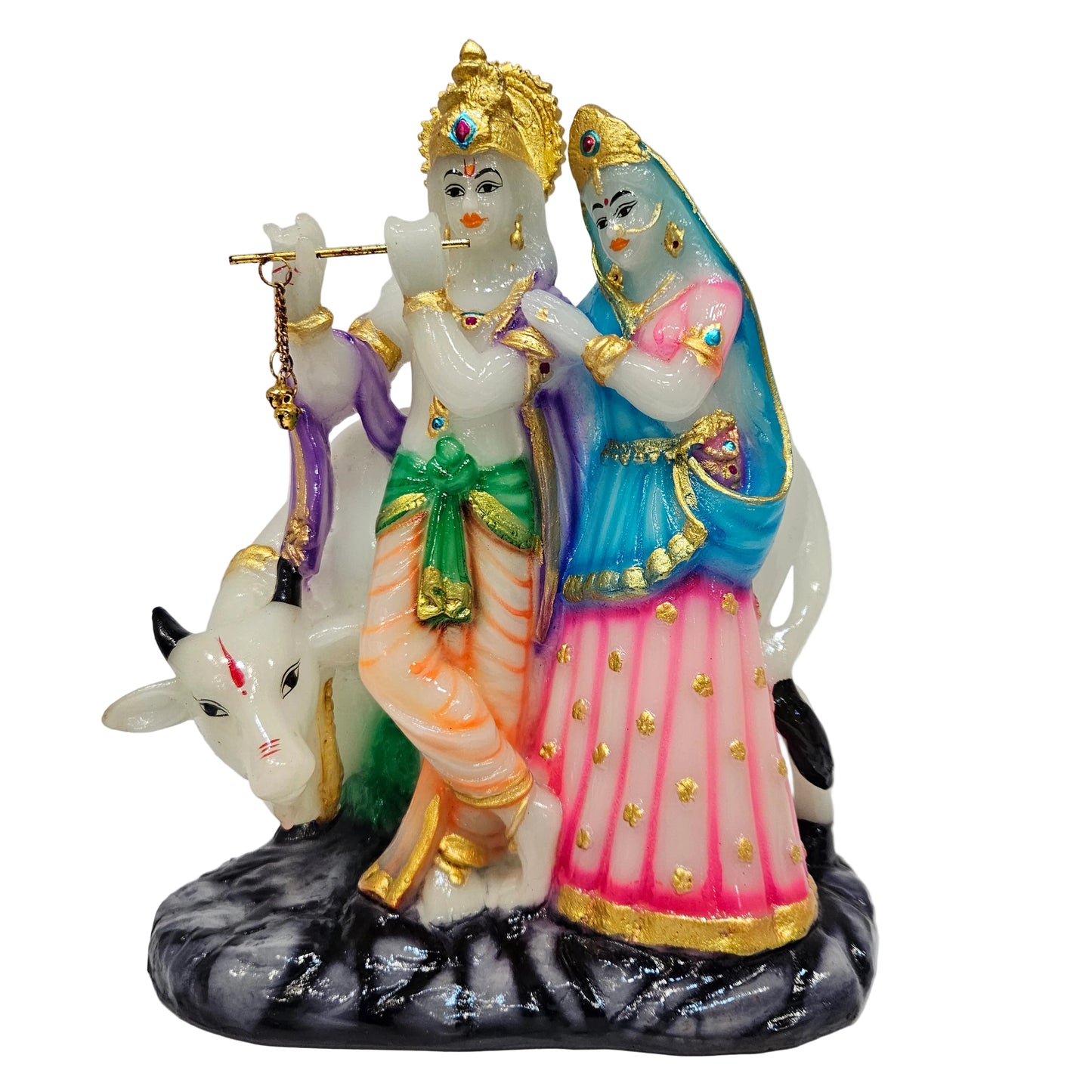Polyresin Radha Krishna murti with cow intricate hand-painted details and a golden finish for home decor