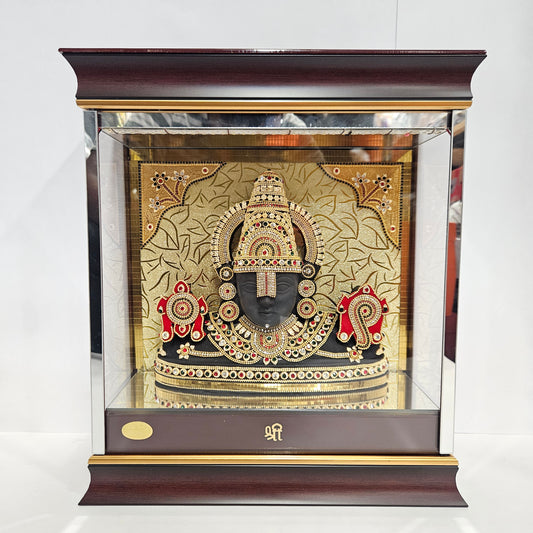 24 carats gold Plated Balaji Idol with decorative stones design Statue Showpiece in transparent protective cabin