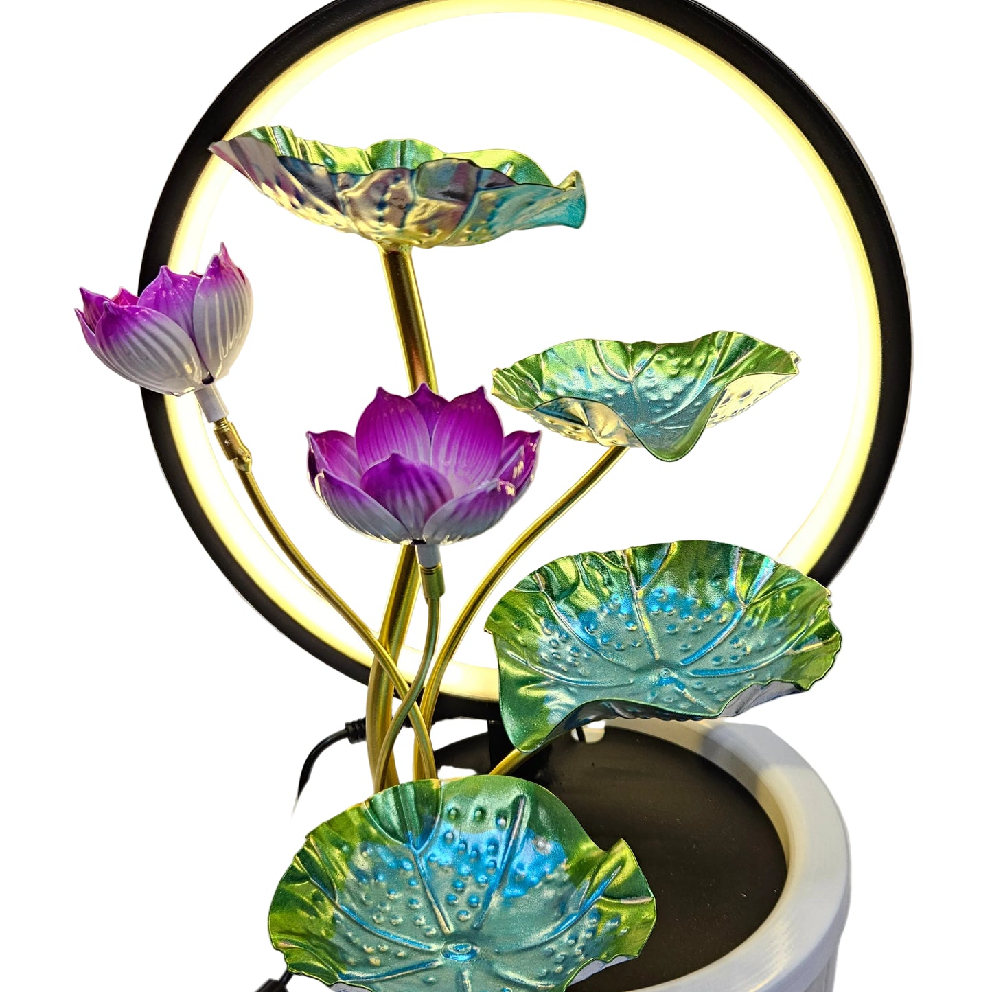 Metal Leaf Tabletop Water Fountain with LED Ring – Indoor Zen Waterfall Fountain for Living Room & Office, Vastu Benefits, Deep Basin Design