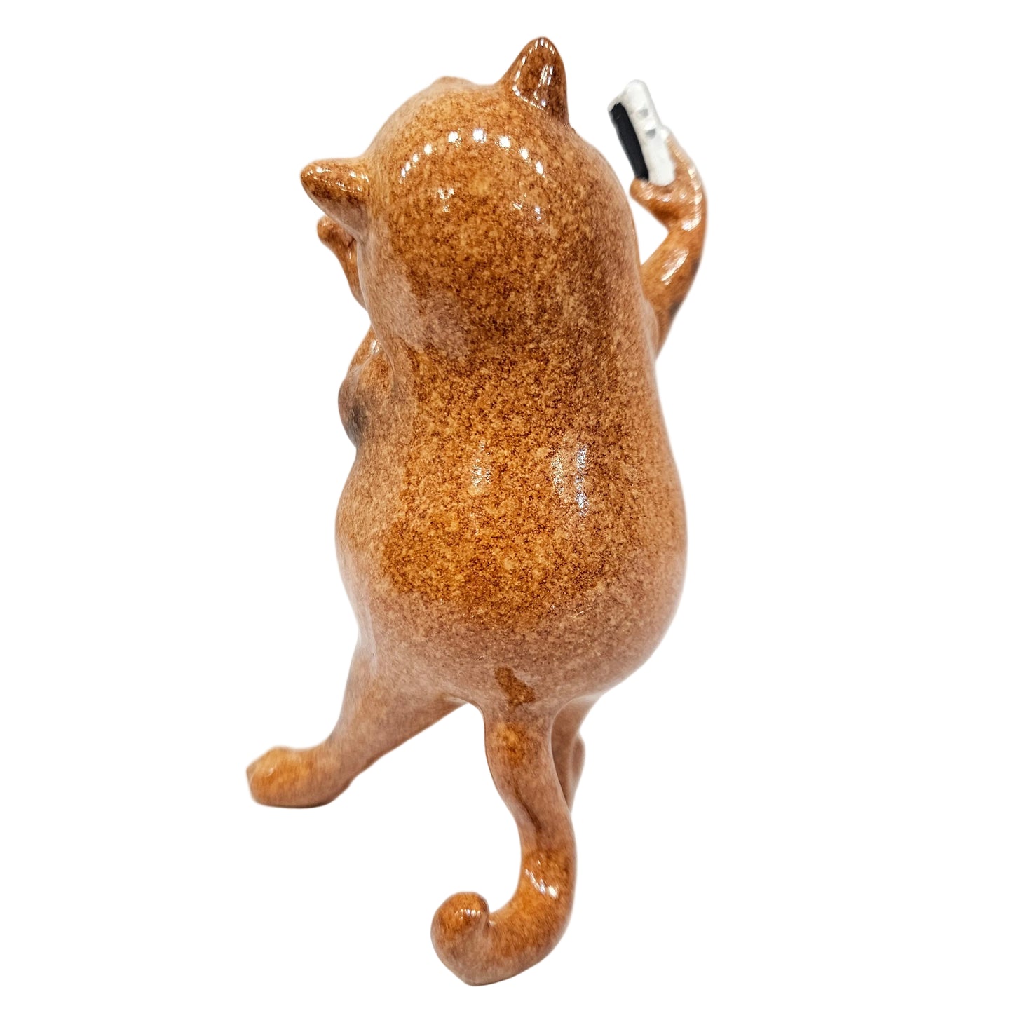Ceramic Glazed Ginger Fat Cat Taking Selfie Ornament Figurine for Cat Lovers