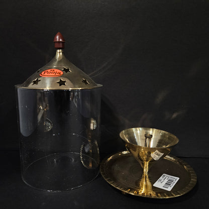 Akhand Diya/Oil Lamp with Glass Cover for Puja, Home Décor and Diwali, Brass Borosilicate Glass | Puja Dia for Mandir