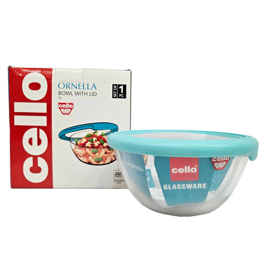 Cello Ornella Glassware Bowl with lid Microwave Safe (Approx:-1L)
