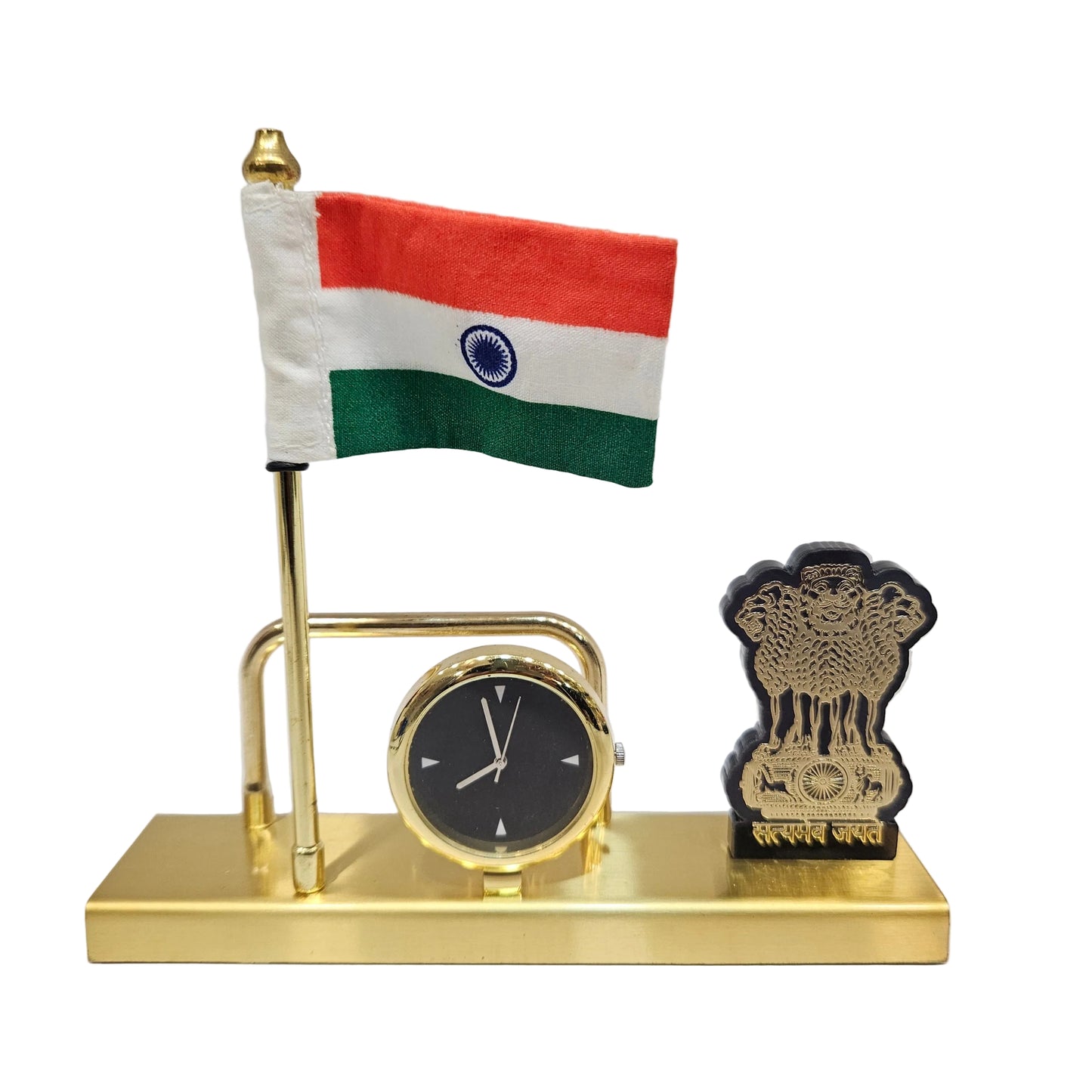 Indian Flag Desk Organizer with Satyamev Jayate, Clock and Card Holder for Table decor