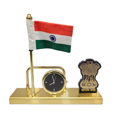 Indian Flag Desk Organizer with Satyamev Jayate, Clock and Card Holder for Table decor