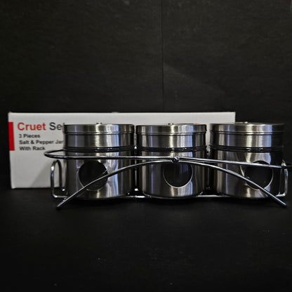 Cruet set 3 pieces salt&Pepper stainless steel Jars with metal rack