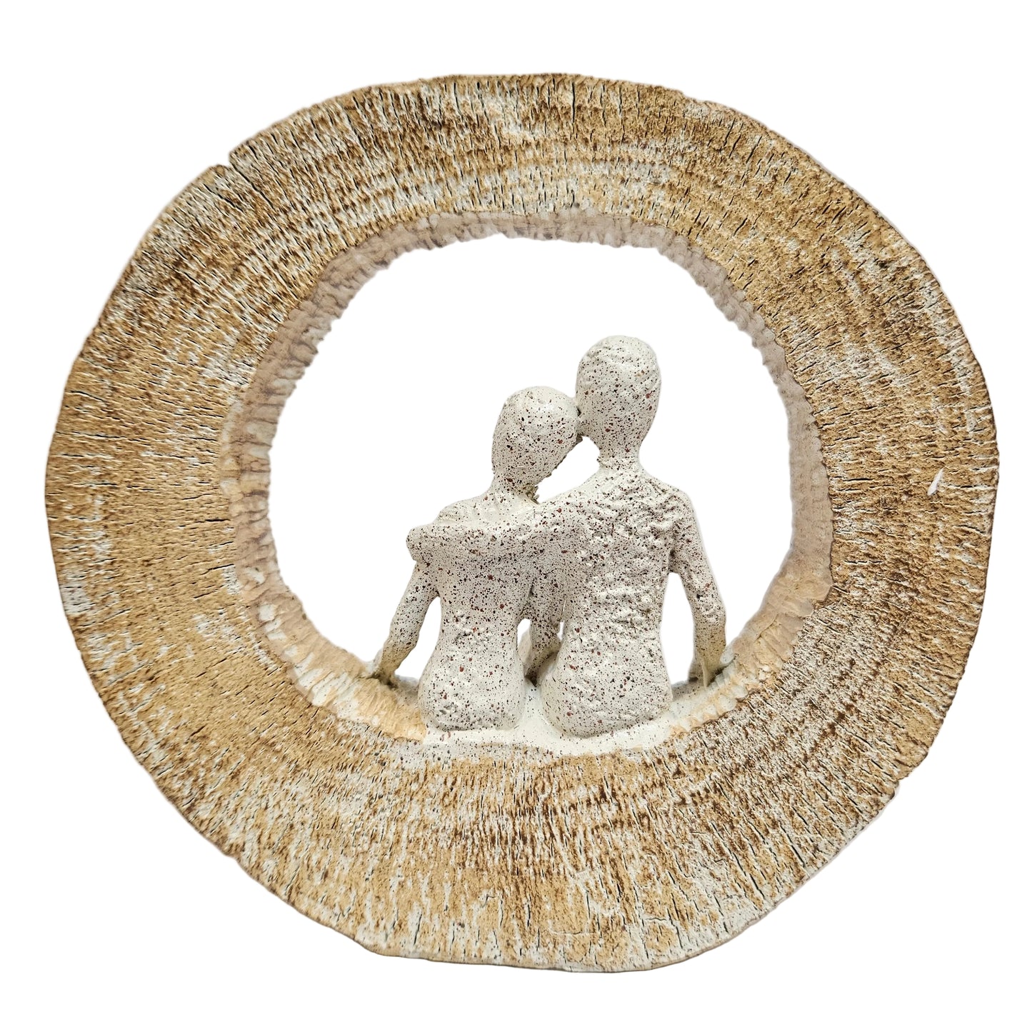 Textured, sand-finish couple figurine seated inside a circular arch, often sold as modern resin home décor