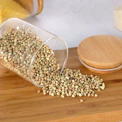 Glass Food Storage Containers Set of 3 ,Airtight Food Jars with Bamboo Wooden Lids, Kitchen Canisters for Sugar,Candy, Cookie, Rice and Spice kitchen storage, Round -320ml -3pcs
