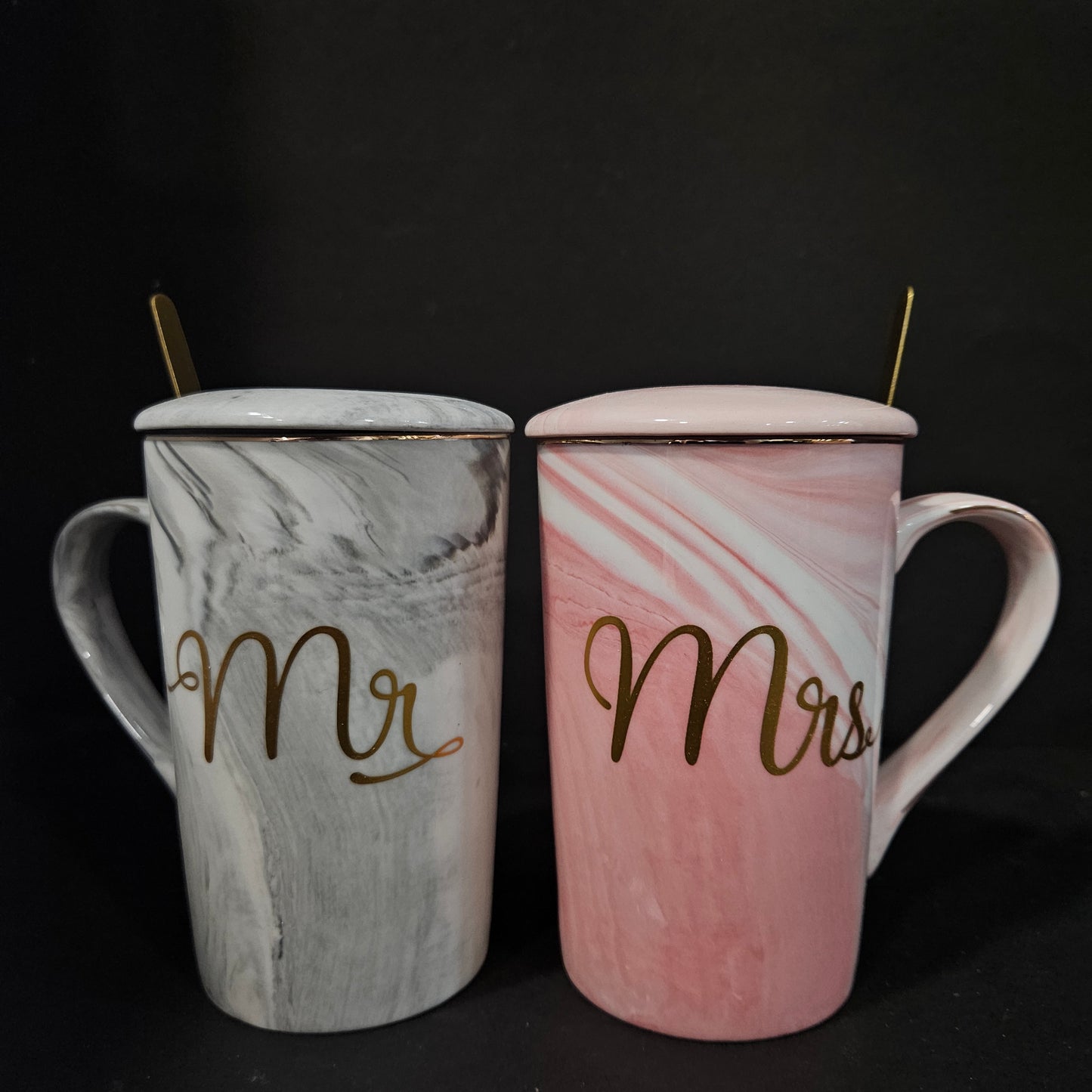 Couple Mug Coffee Ceramic Marble Cups with Lid Spoon Costers 14 Oz Wedding Anniversary Valantine Engegment Gifts for Bride and Groom Mr & MRS