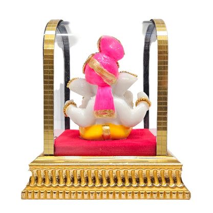 Lord Ganesh Idol in Glass Box with Golden Frame, Car Dashboard Figurine Showpiece