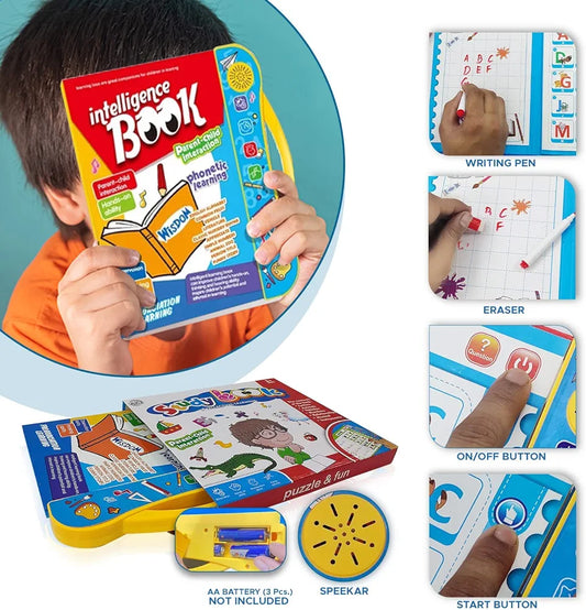 Study Book Intellectual Learning" is an educational toy designed for children ages 3 and up. It focuses on phonetic learning and includes a variety of topics to engage young learners.