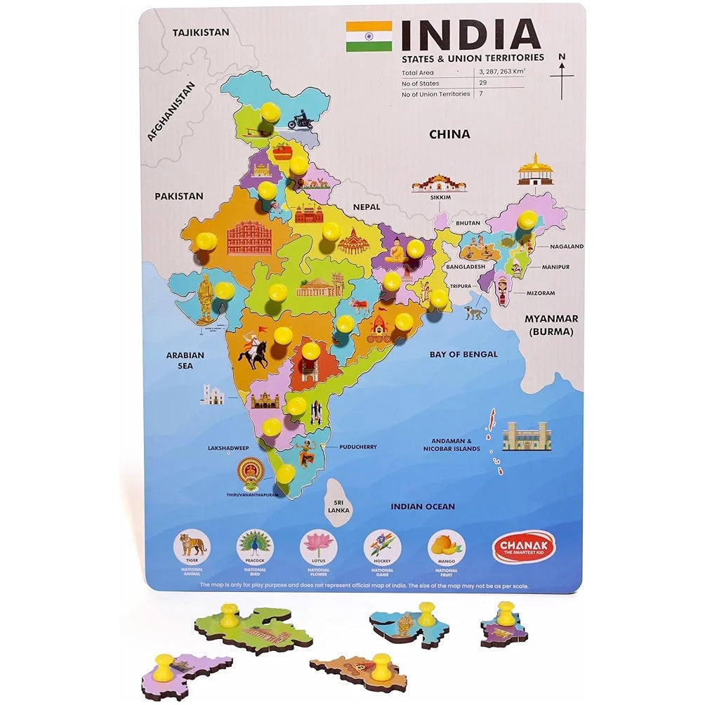 Wooden India Map Puzzle with Picture & States Name Educational Board for Kids, 18 Piece States Map Montessori Learning Puzzle for Toddlers & Preschoolers, Nursery & Kindergarten 2+ Years