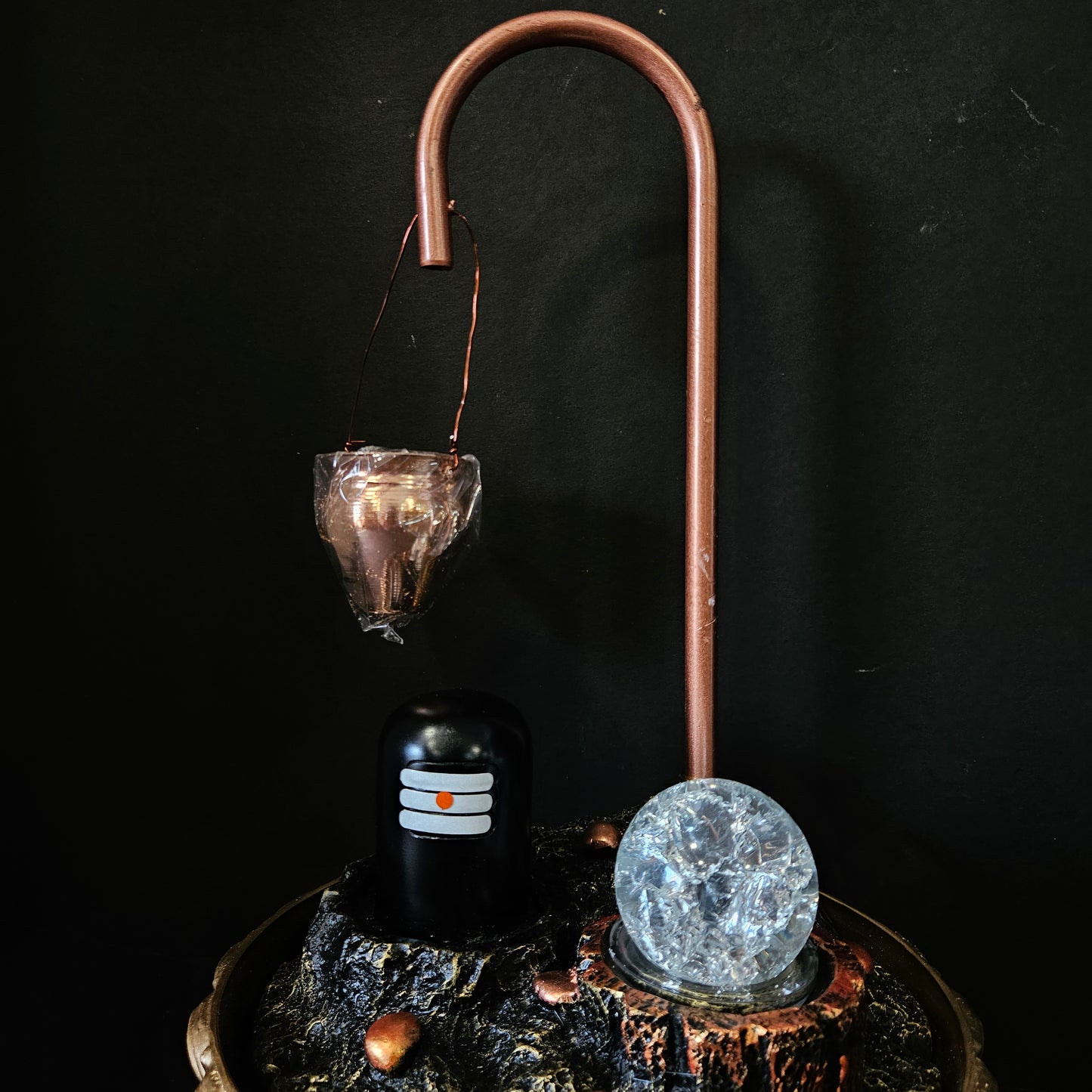 Copper Metal Shivling Water Fountain with Crystal Ball for Home Decor Showpiece Tabletop Waterfall Decoration Indoor & Outdoor