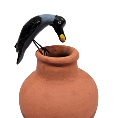 Clay Bird Showpiece for Home & Table Decor | Handmade Clay Craft Bird Figurine | Panchatantra Thirsty Crow Story Decorative Item
