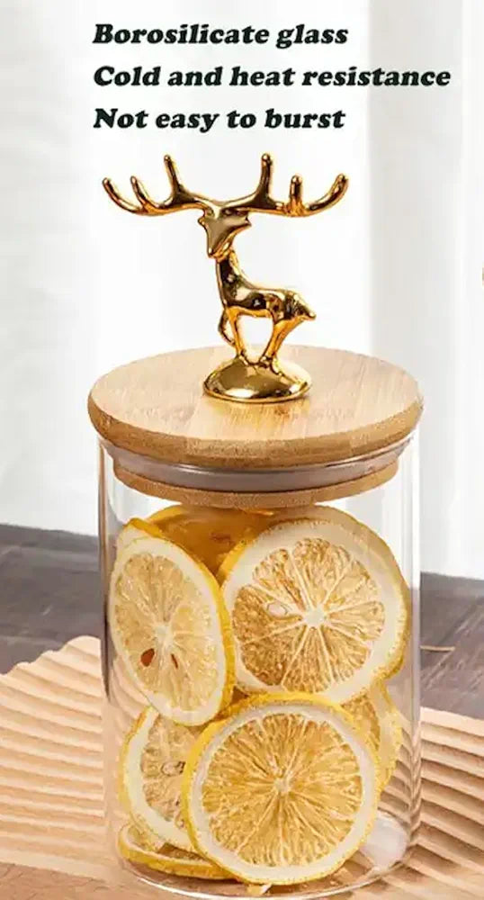 kitchen glass storage container airtight glass Jar sealed tank with metal elk deer top bamboo lid