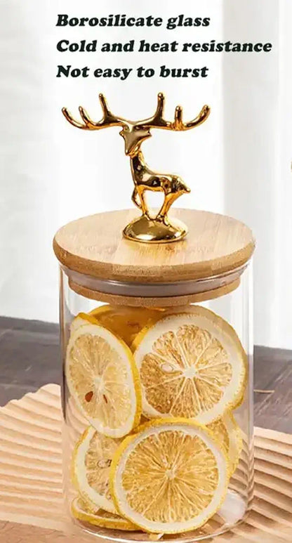 kitchen glass storage container airtight glass Jar sealed tank with metal elk deer top bamboo lid