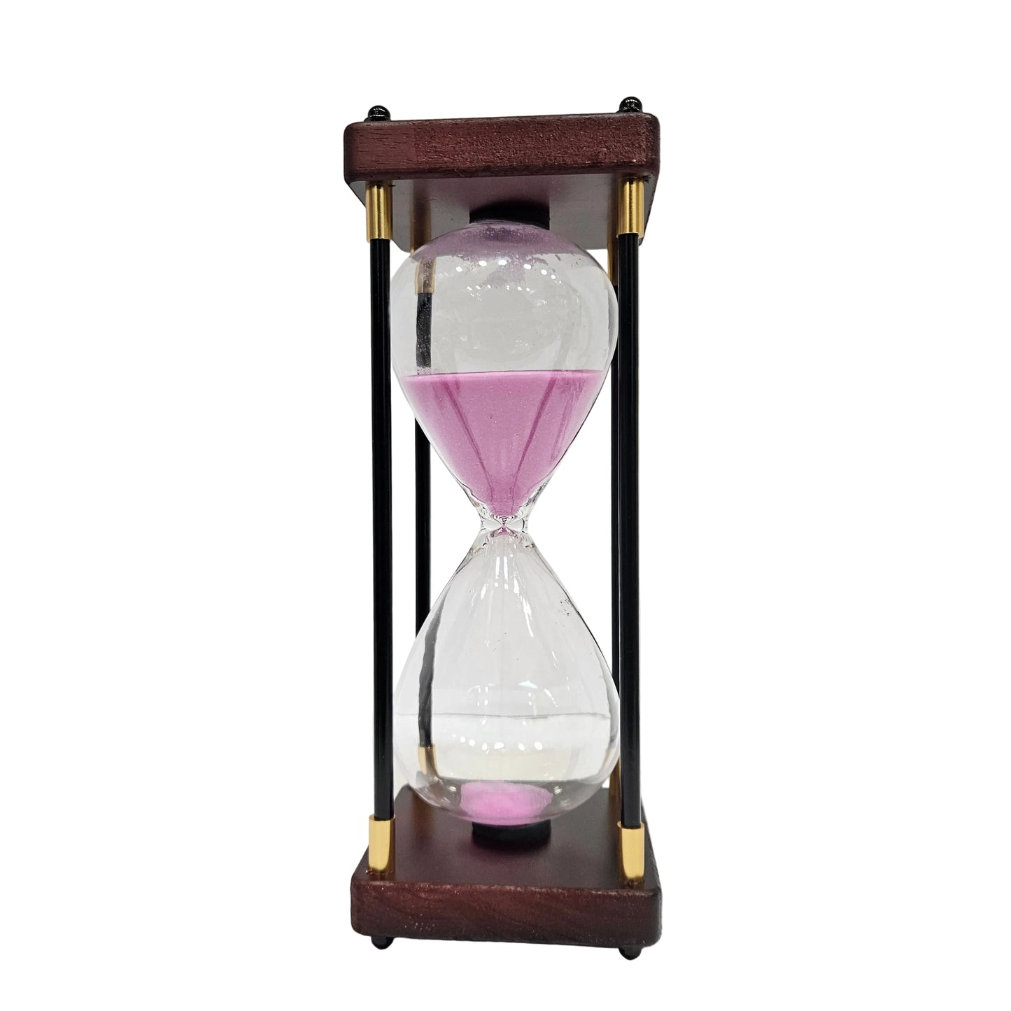 Decorative 48min hourglass featuring a baby pink sand timer housed in a light wood and black metal frame