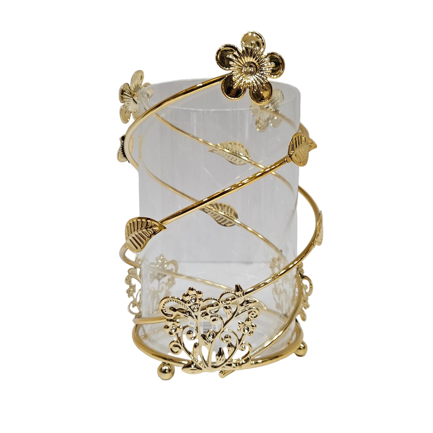 Nordic-style decorative clear glass vase and candle holder enveloped in an ornate, metallic gold-plated frame