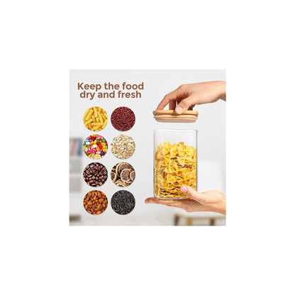 Glass Jar with wooden lid 1200ml Food Storage Glass Jars & Containers with Wooden Lid - for Noodles, Flour, Cereal, Rice, Sugar, Tea, Coffee