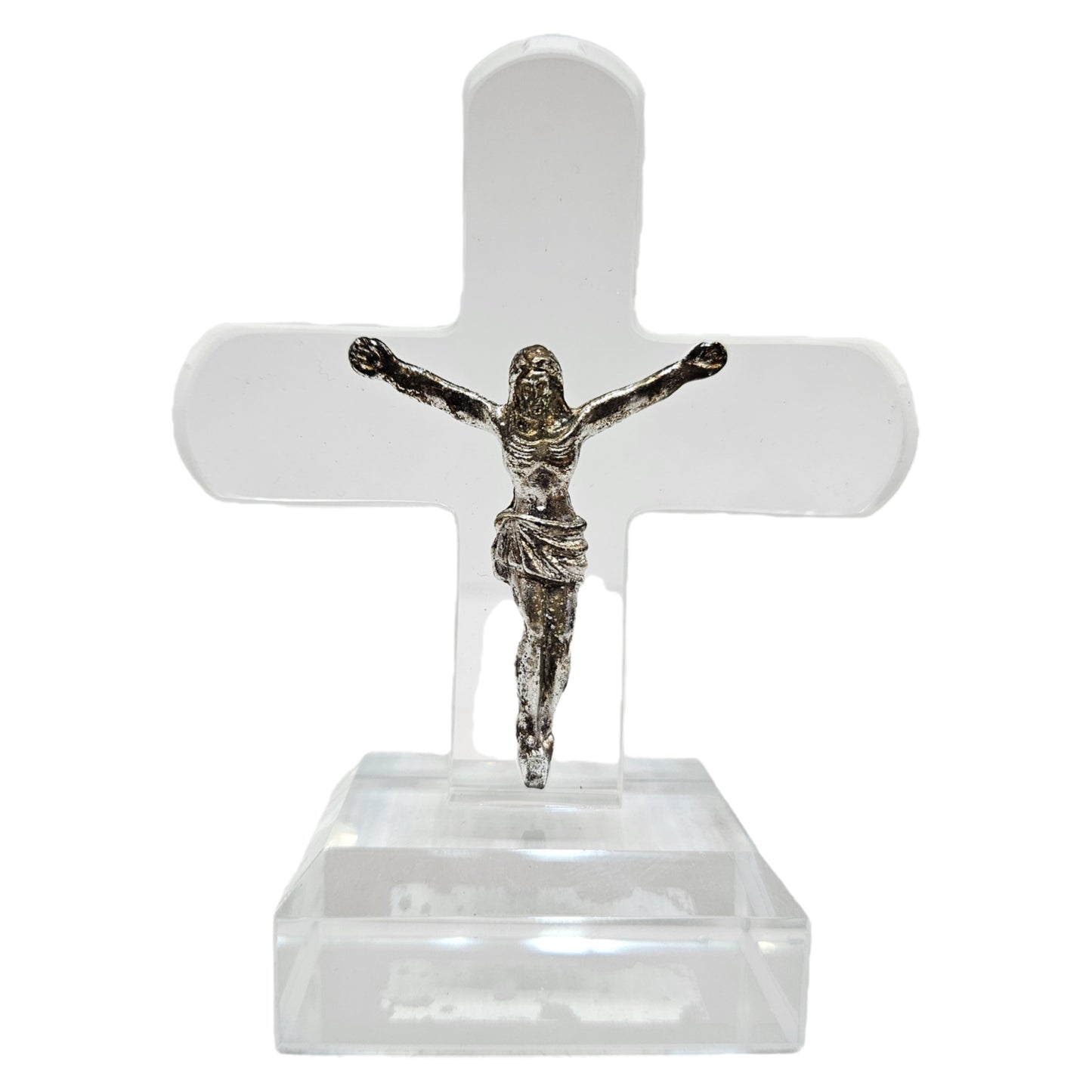 Clear crystal cross prominent metal crucifix figurine, often used for home/Office Dashboard & car decor