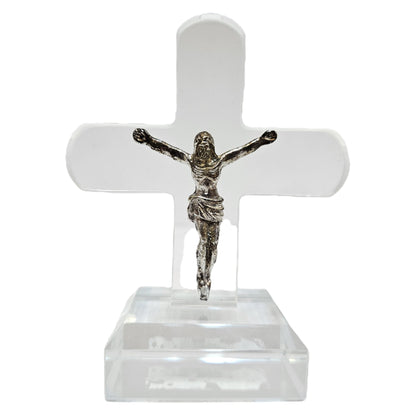 Clear crystal cross prominent metal crucifix figurine, often used for home/Office Dashboard & car decor